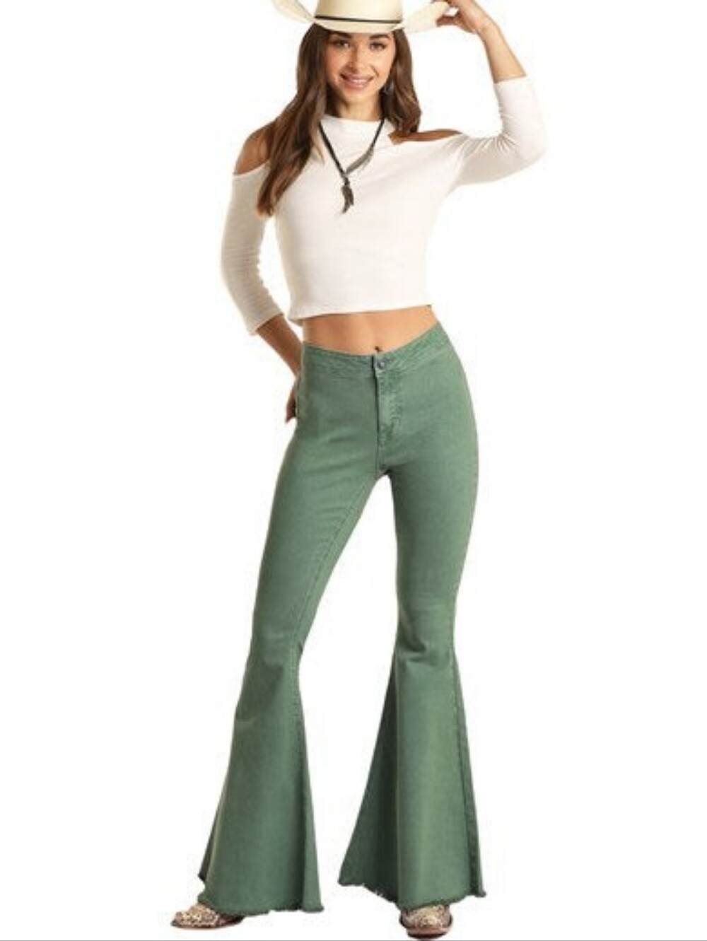 Rock & Roll Bargain Button Bell Jeans Flared Green Cowgirl Stretchy 33 Western